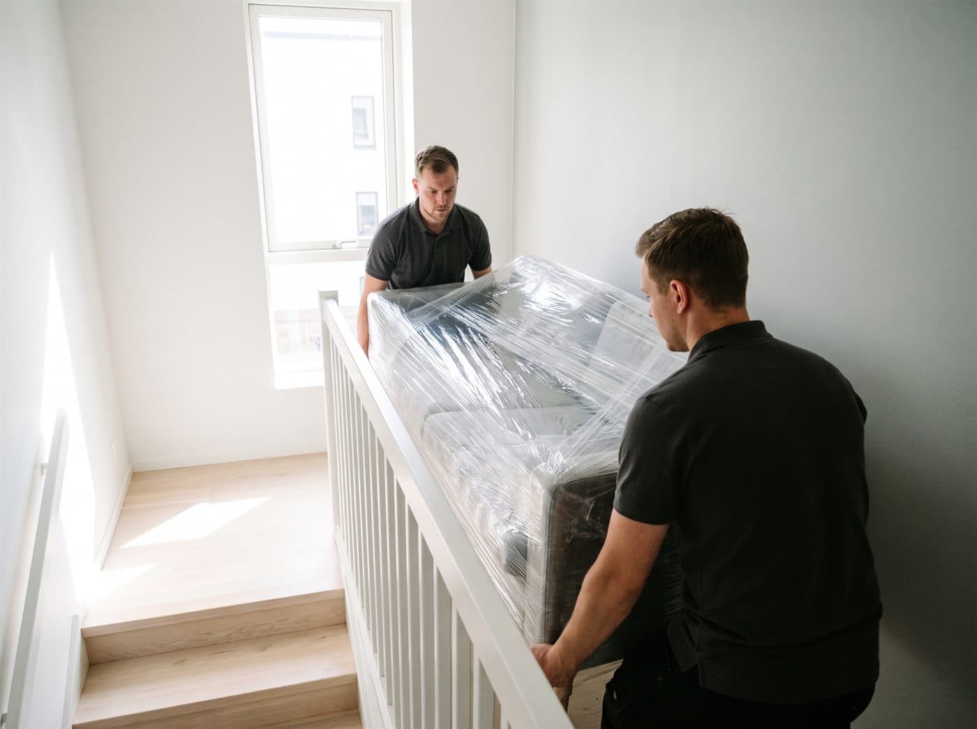 Två flyttare bär en inplastad soffa i ett trapphus